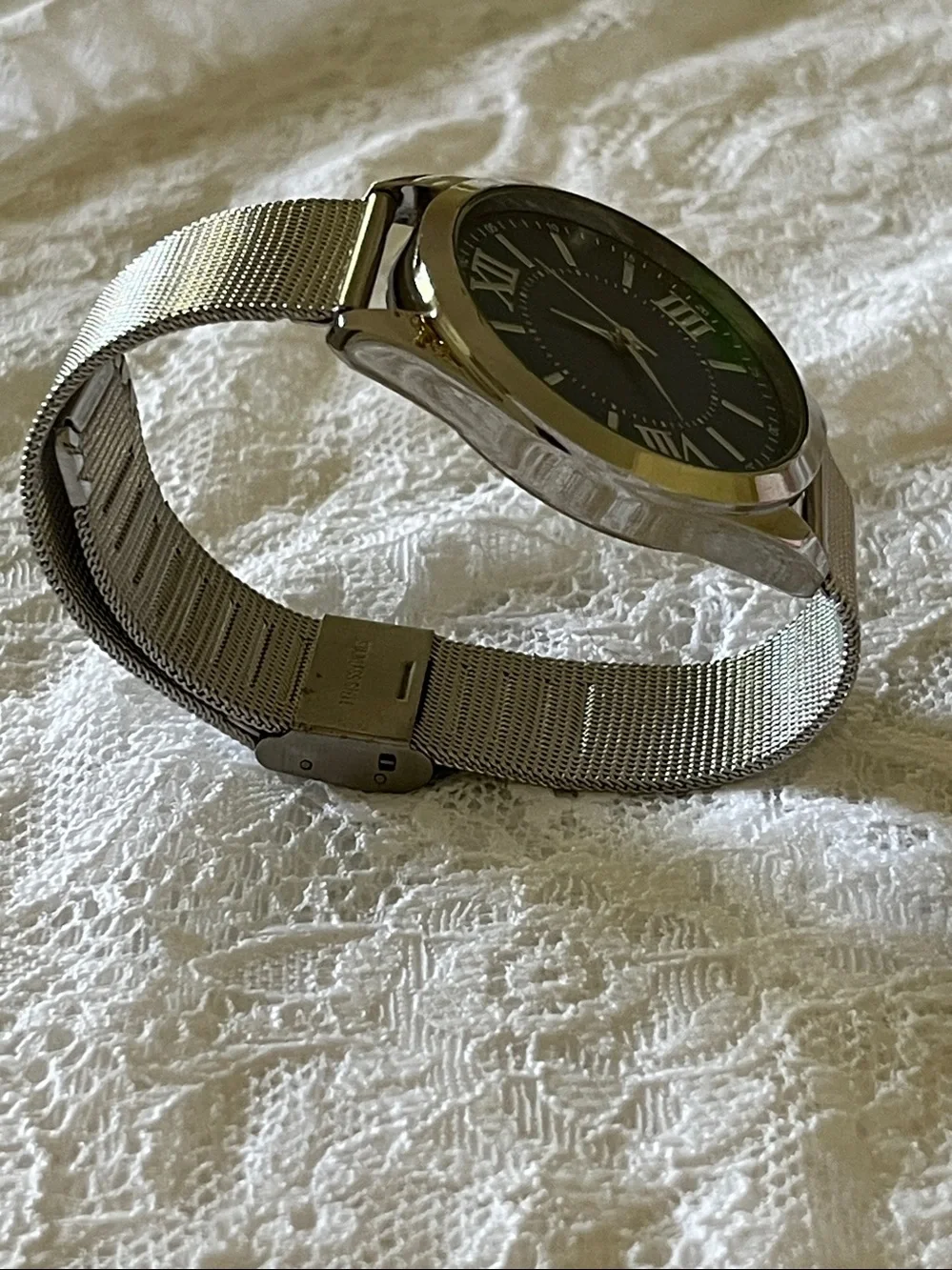 Classic Silver Mesh Band Watch with Black Dial